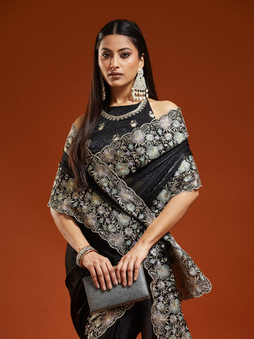 KASEE Women's Festive Black Floral Zari Embroidered Saree with Heavy Border