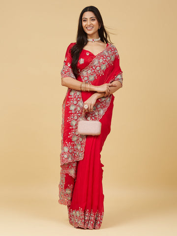 KASEE Women's Festive Cherry Floral Zari Embroidered Saree with Heavy Border