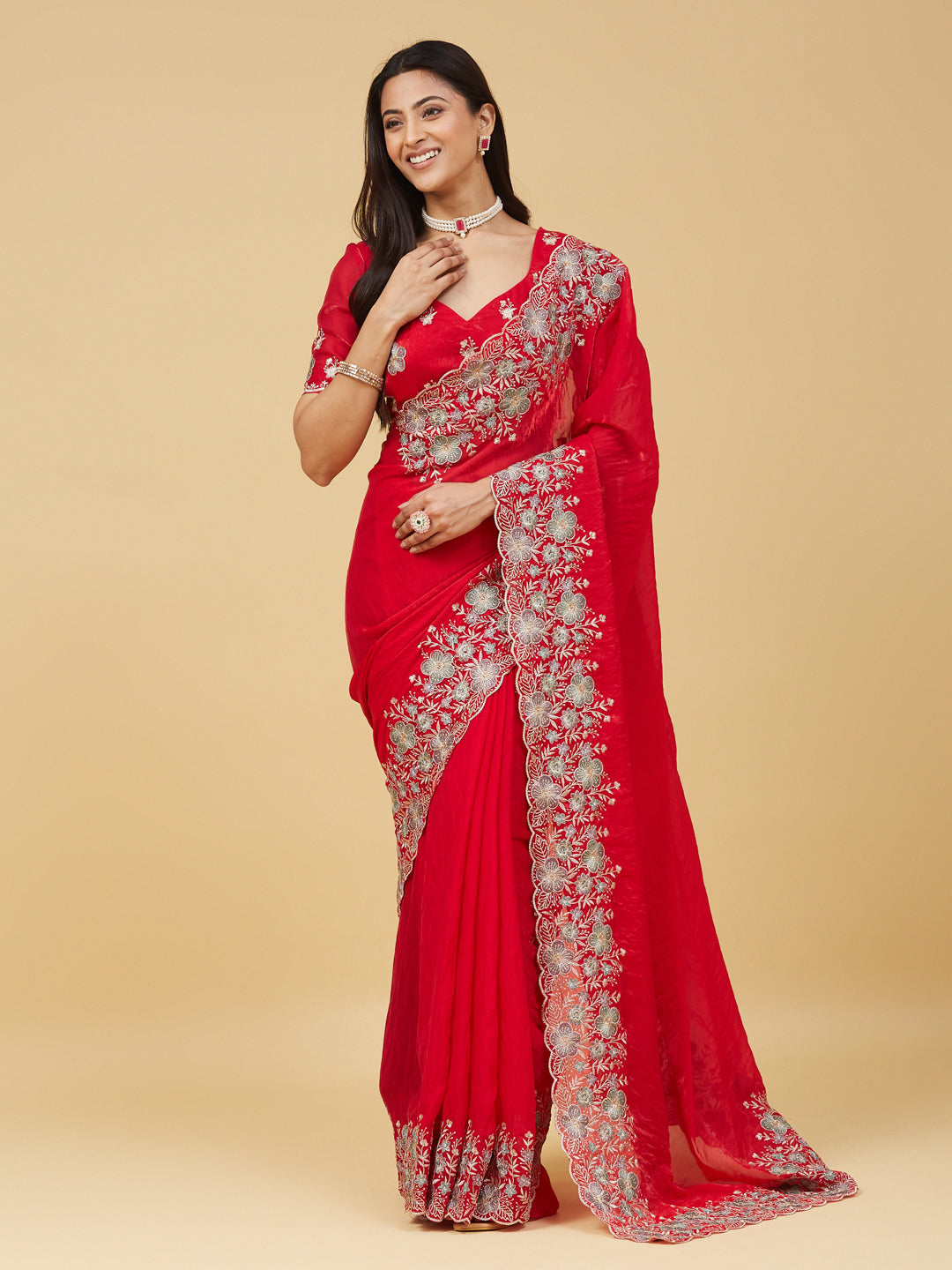 KASEE Women's Festive Cherry Floral Zari Embroidered Saree with Heavy Border