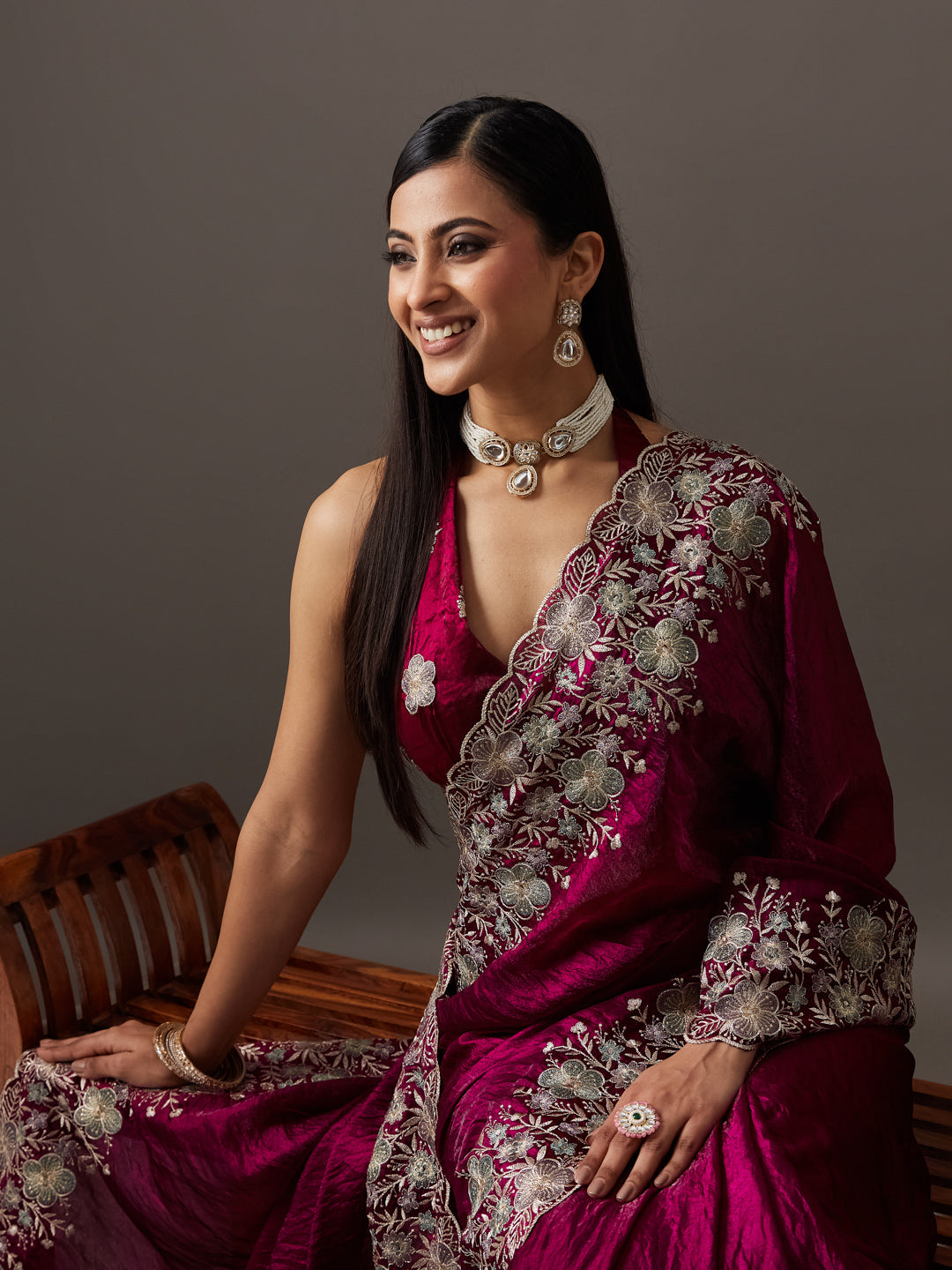 KASEE Women's Festive Wine Floral Zari Embroidered Saree with Heavy Border