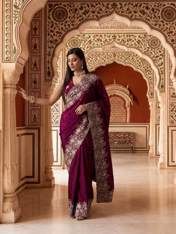 KASEE Women's Festive Wine Floral Zari Embroidered Saree with Heavy Border