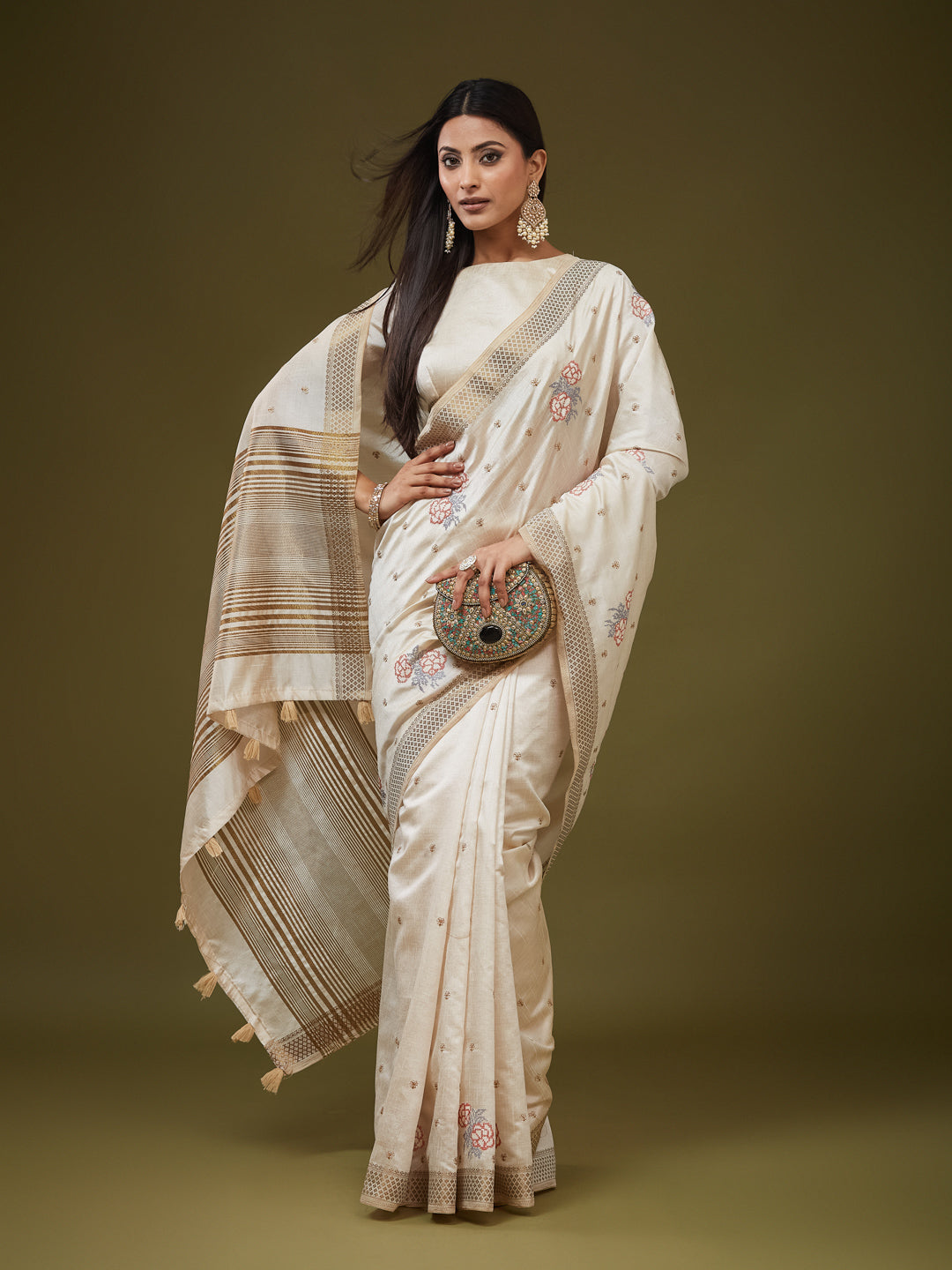 KASEE Women's Cream Silk Saree with Floral Buti Work and Zari Woven Border