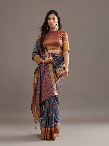 KASEE Women's Dusty Mauve Net Saree with Heavy Sequin and Thread Embroidery