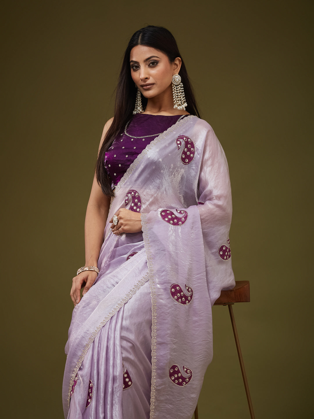 KASEE Women's Lavender Paisley Buta Saree with Subtle Embellished Border