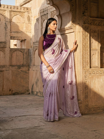 KASEE Women's Lavender Paisley Buta Saree with Subtle Embellished Border
