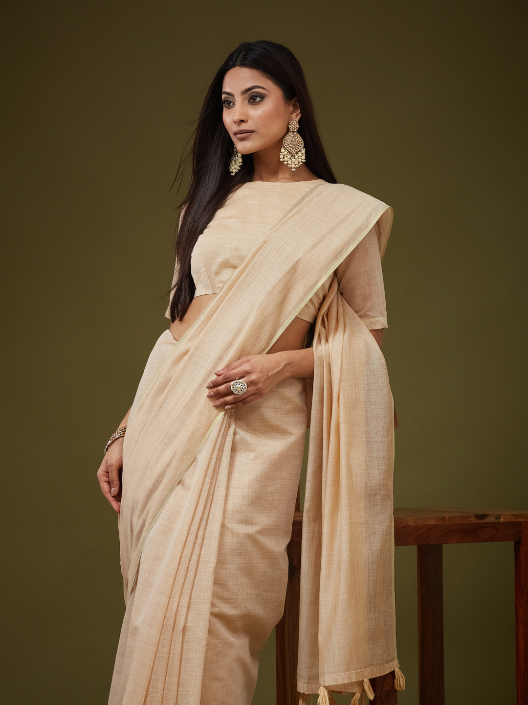KASEE Women's Cream Yellow Solid Saree with Minimal Tassel Pallu Detailing