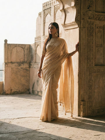 KASEE Women's Cream Yellow Solid Saree with Minimal Tassel Pallu Detailing