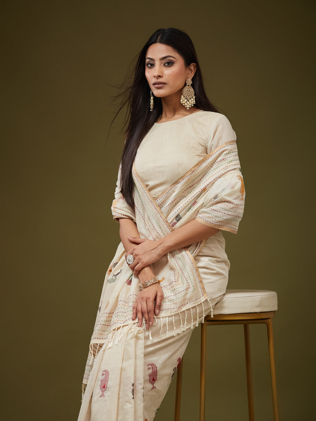 KASEE Women's Beige Cotton Silk Saree with Thread Embroidered Buti and Tassel Pallu