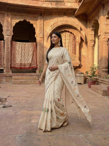 KASEE Women's Beige Cotton Silk Saree with Thread Embroidered Buti and Tassel Pallu