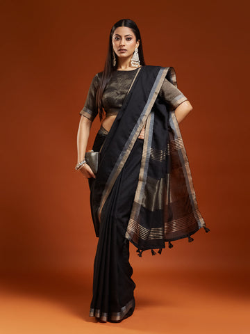 KASEE Women's Black Solid Saree with Subtle Zari Woven Border