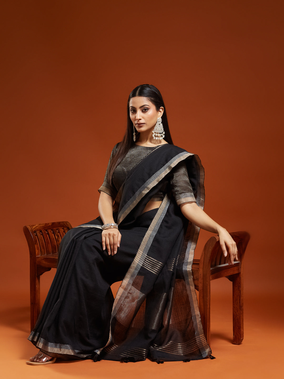 KASEE Women's Black Solid Saree with Subtle Zari Woven Border