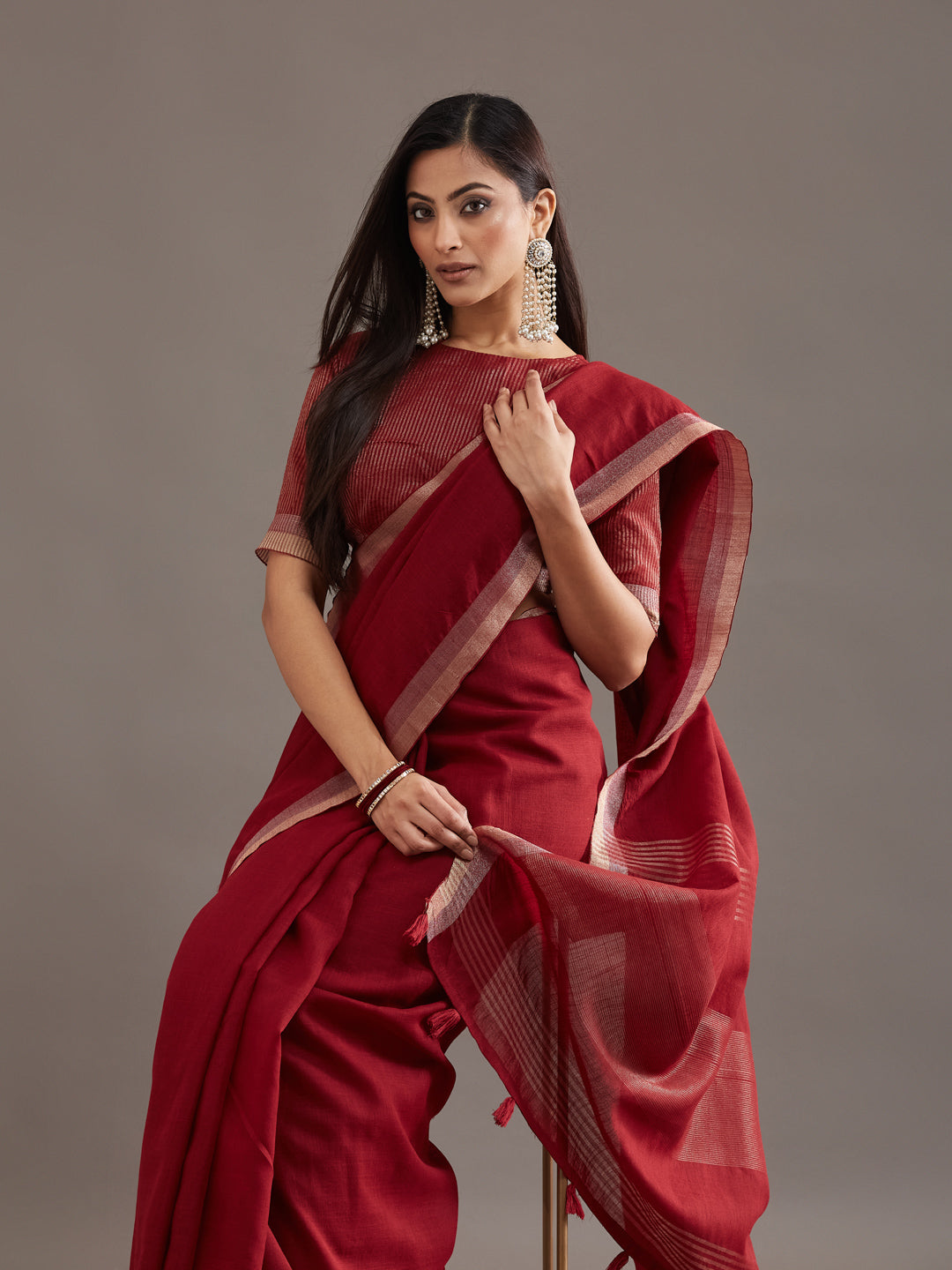 KASEE Women's Maroon Solid Saree with Subtle Zari Woven Border