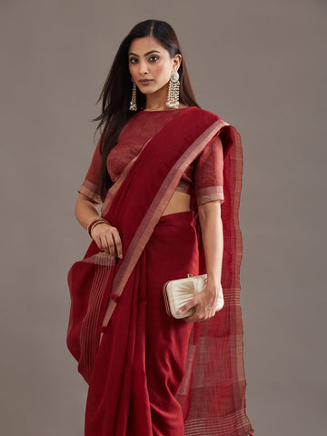 KASEE Women's Maroon Solid Saree with Subtle Zari Woven Border