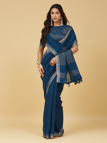 KASEE Women's Steel Blue Solid Saree with Subtle Zari Woven Border