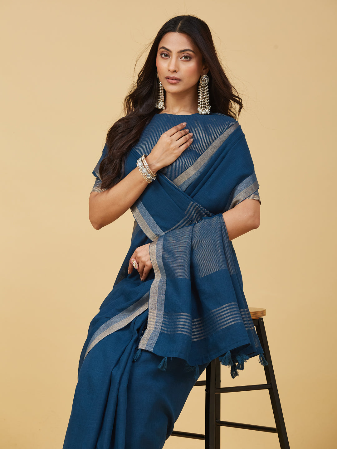 KASEE Women's Steel Blue Solid Saree with Subtle Zari Woven Border