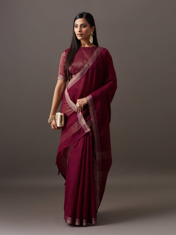 KASEE Women's Wine Solid Saree with Subtle Zari Woven Border