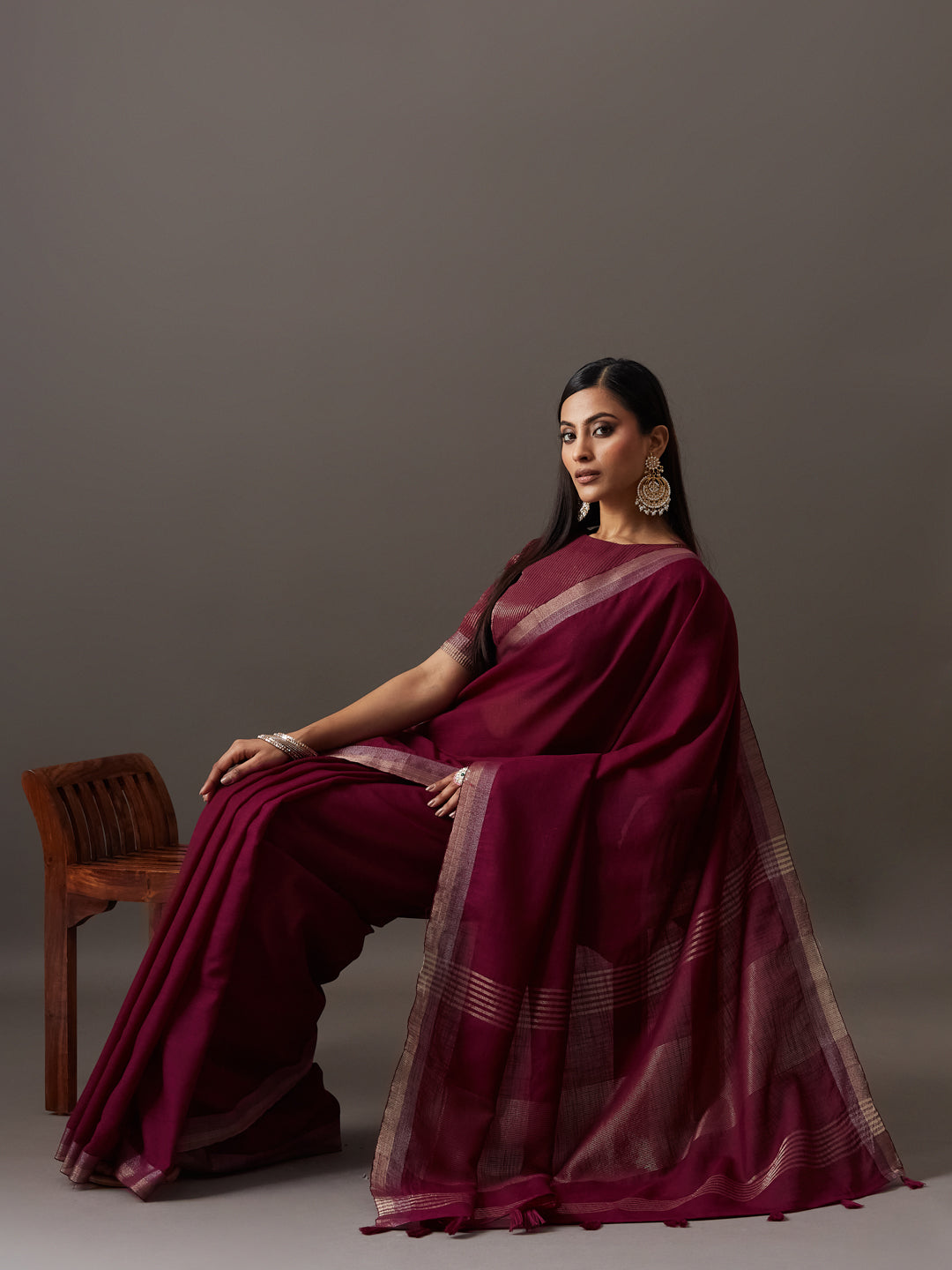 KASEE Women's Wine Solid Saree with Subtle Zari Woven Border