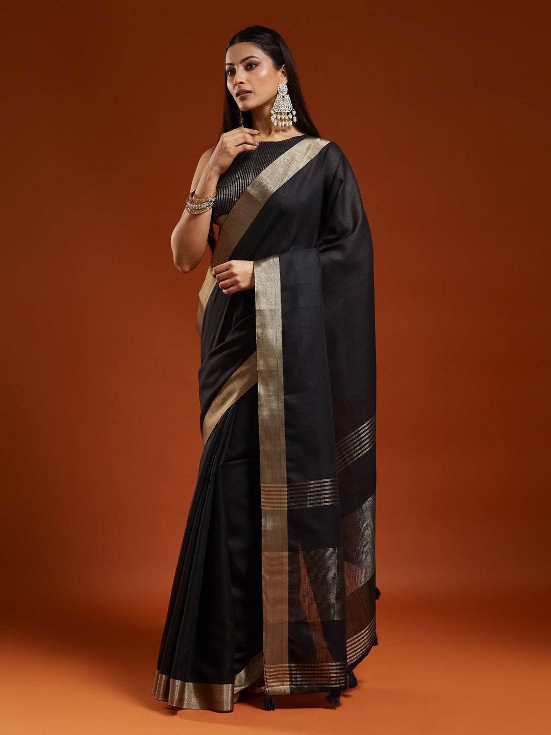 KASEE Women's Gold Net Saree with Heavy Sequin and Thread Embroidery