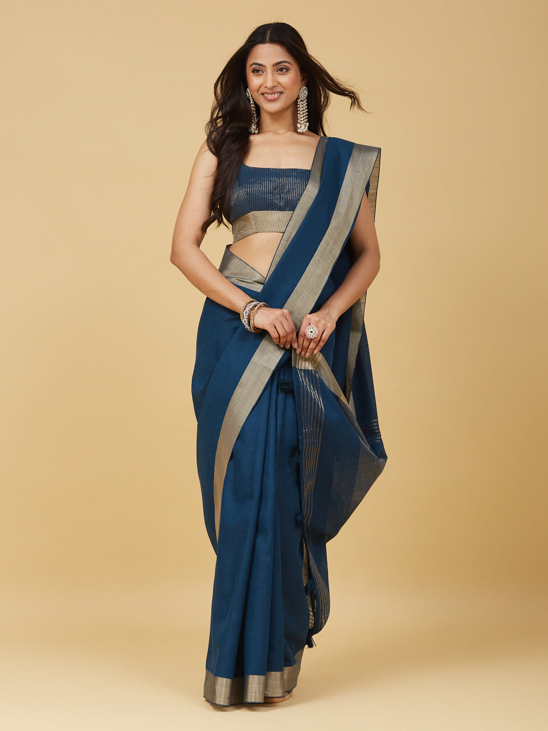 KASEE Women's Classic Peacock Blue Cotton Blend Saree with Zari Woven Border