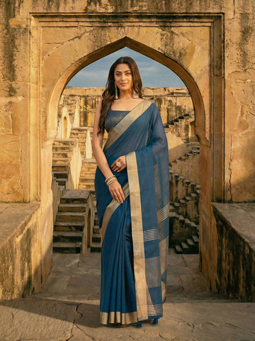 KASEE Women's Classic Peacock Blue Cotton Blend Saree with Zari Woven Border
