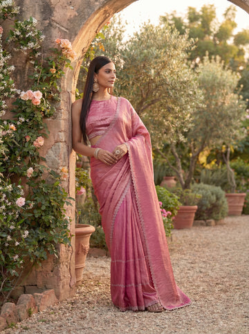 KASEE Women's Pink Solid Saree with Delicate Zari Edge Border