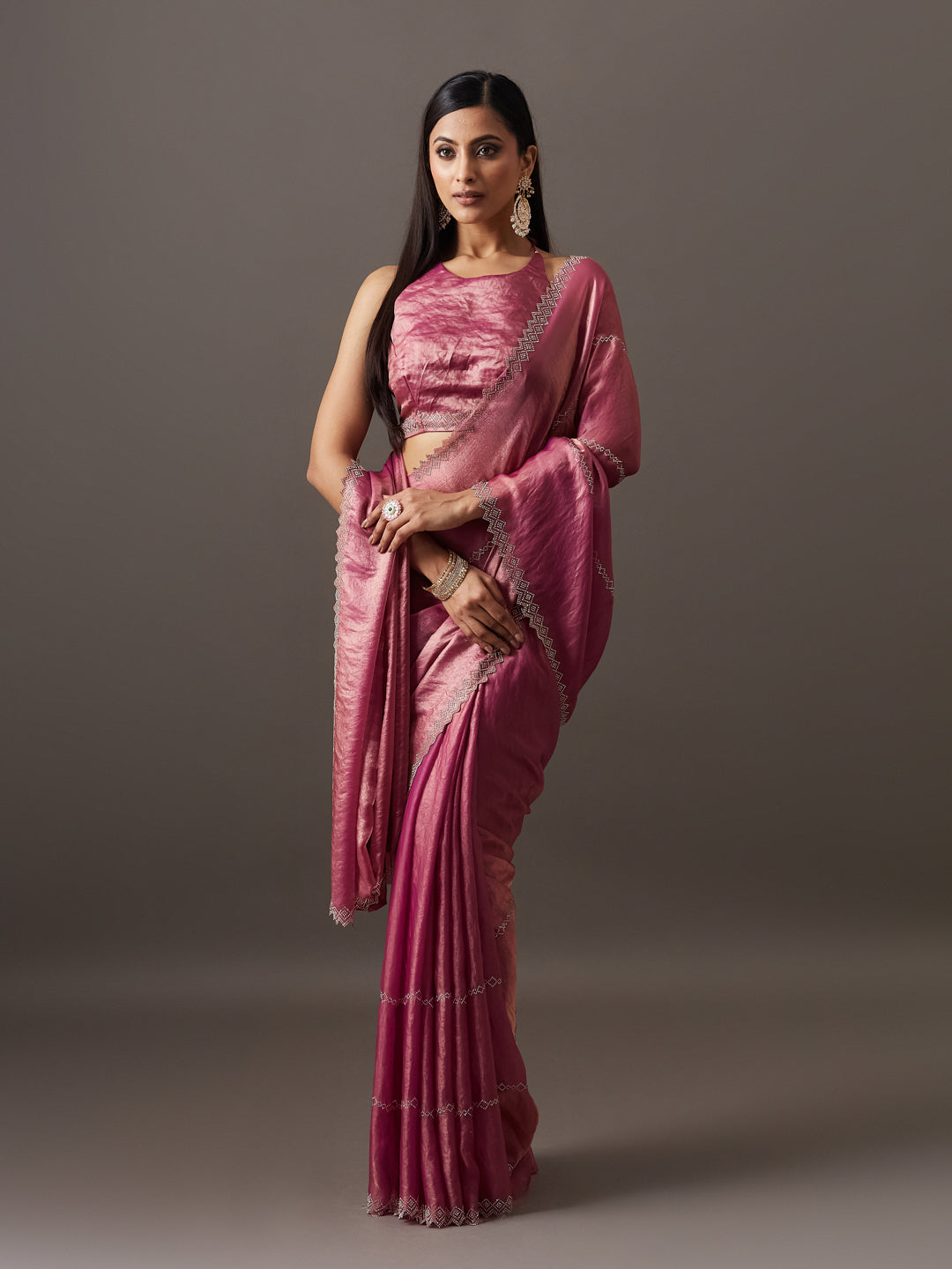 KASEE Women's Pink Solid Saree with Delicate Zari Edge Border