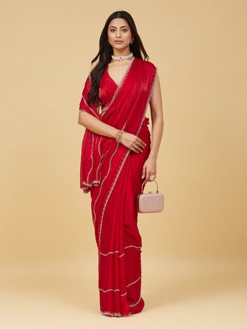 KASEE Women's Scarlet Red Solid Saree with Delicate Zari Scalloped Border
