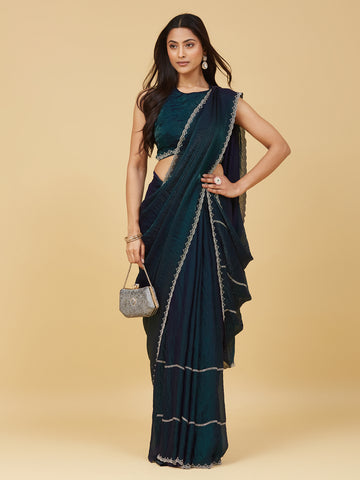 KASEE Women's Green Solid Saree with Delicate Zari Scalloped Border