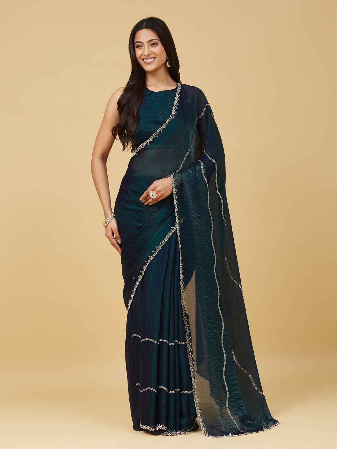 KASEE Women's Green Solid Saree with Delicate Zari Scalloped Border