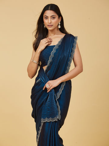 KASEE Women's Navy Blue Embellished Border Designer Saree