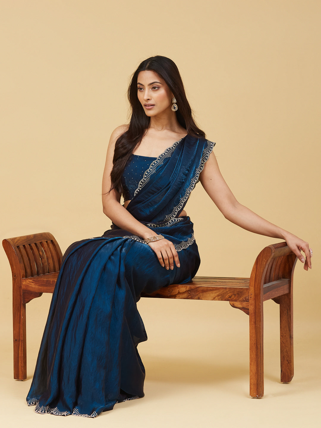 KASEE Women's Navy Blue Embellished Border Designer Saree