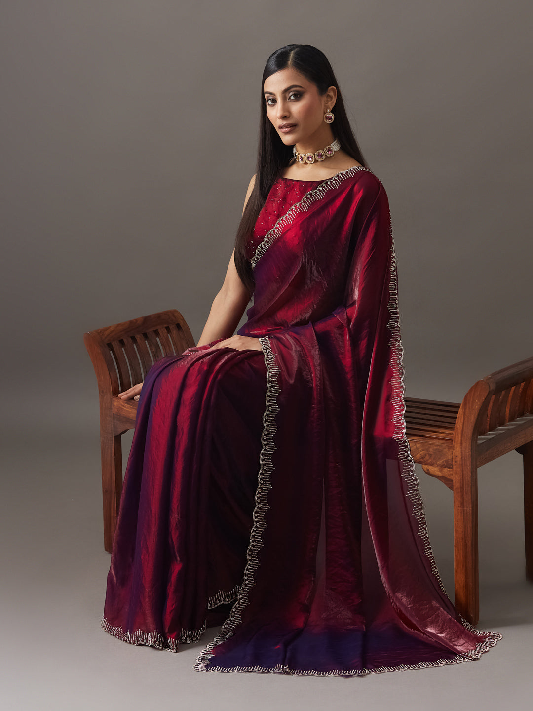 KASEE Women's Maroon Embellished Border Designer Saree