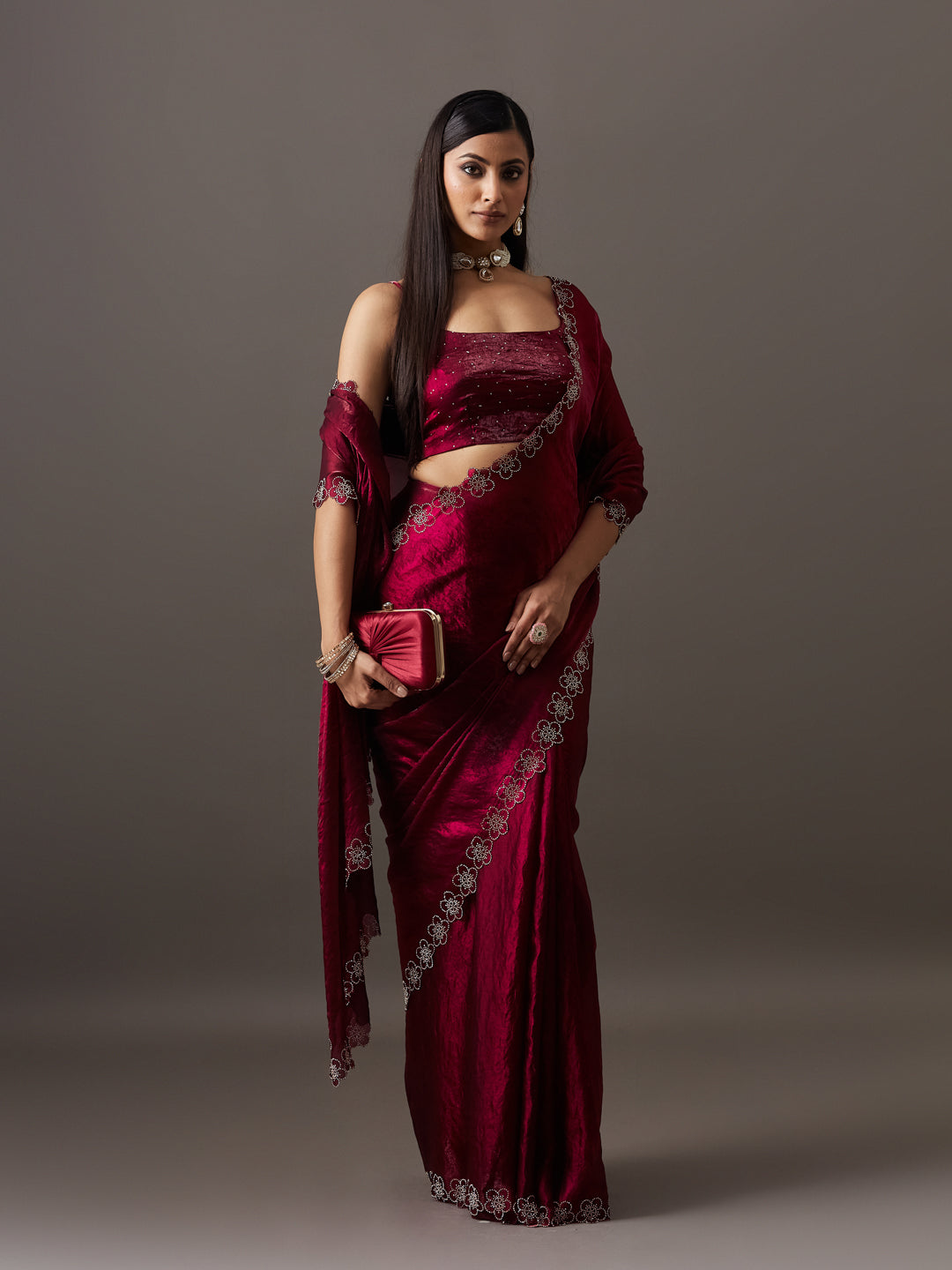 KASEE Women's Wine Floral Embellished Border Party Wear Saree