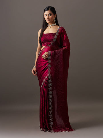 KASEE Women's Wine Floral Embellished Border Party Wear Saree