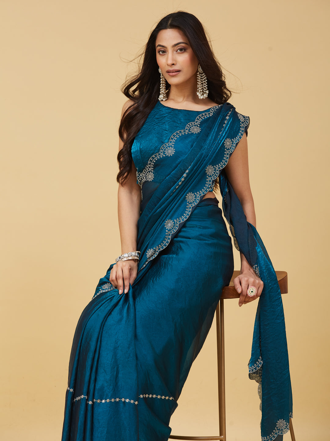 KASEE Women's Peacock Blue Stone Embellished Border Designer Saree