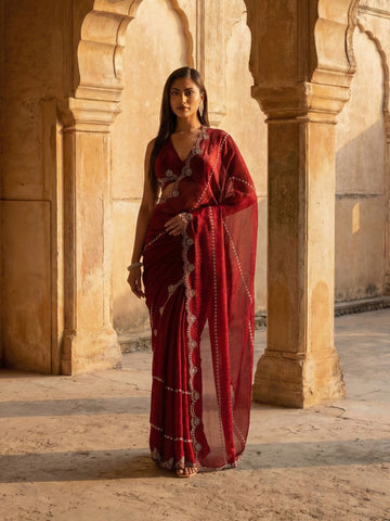 KASEE Women's Maroon Stone Embellished Border Designer Saree