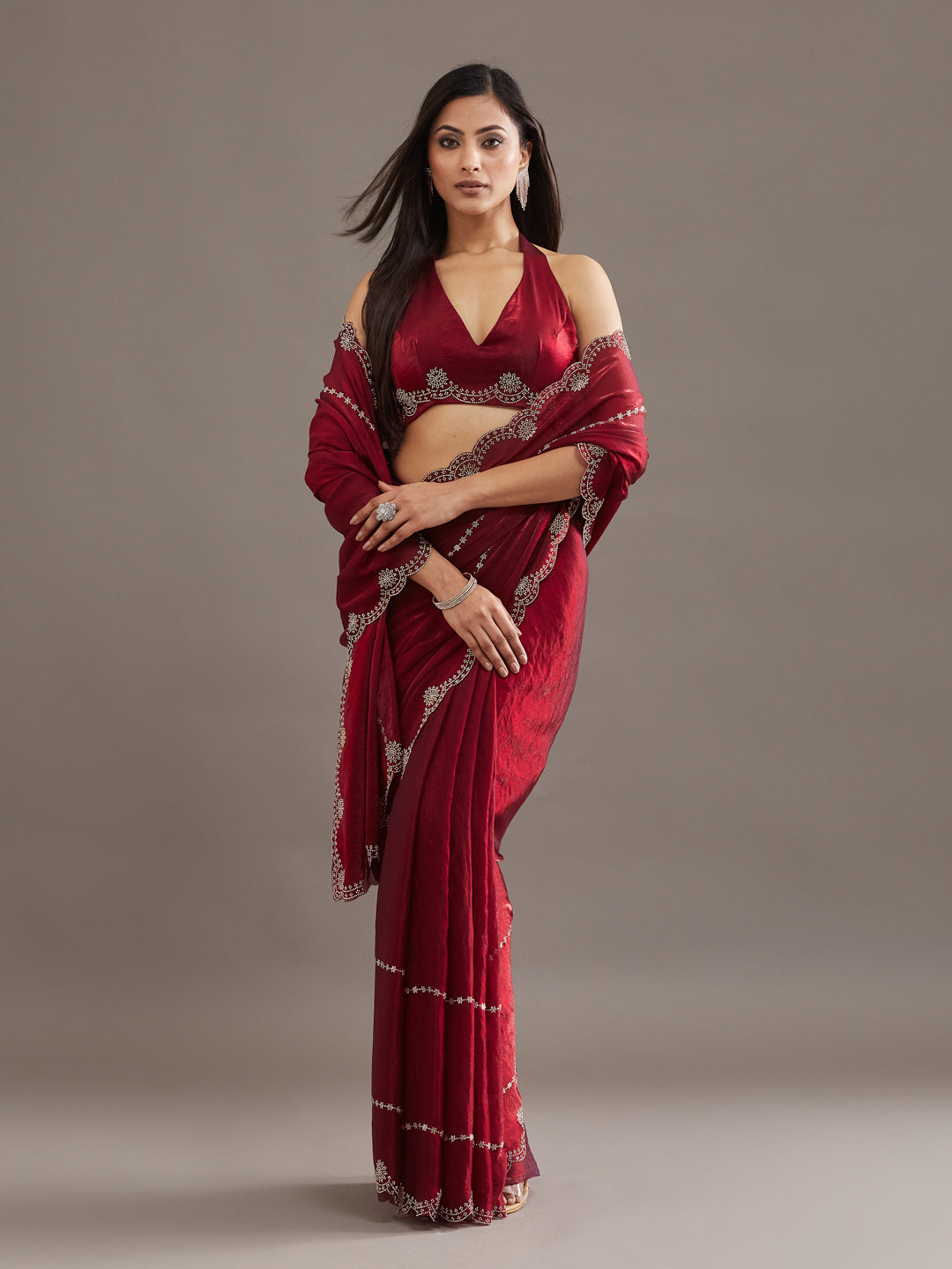 KASEE Women's Maroon Stone Embellished Border Designer Saree