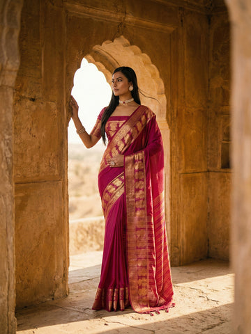 KASEE Women's Purple Zari Woven Border Traditional Saree