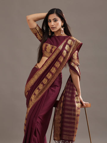KASEE Women's Wine Zari Woven Border Traditional Saree
