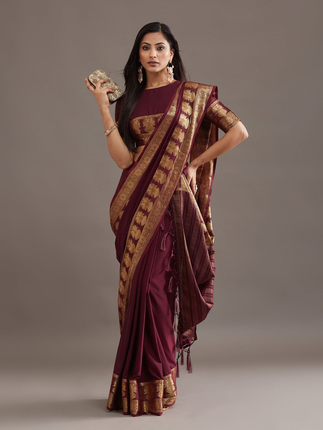 KASEE Women's Wine Zari Woven Border Traditional Saree