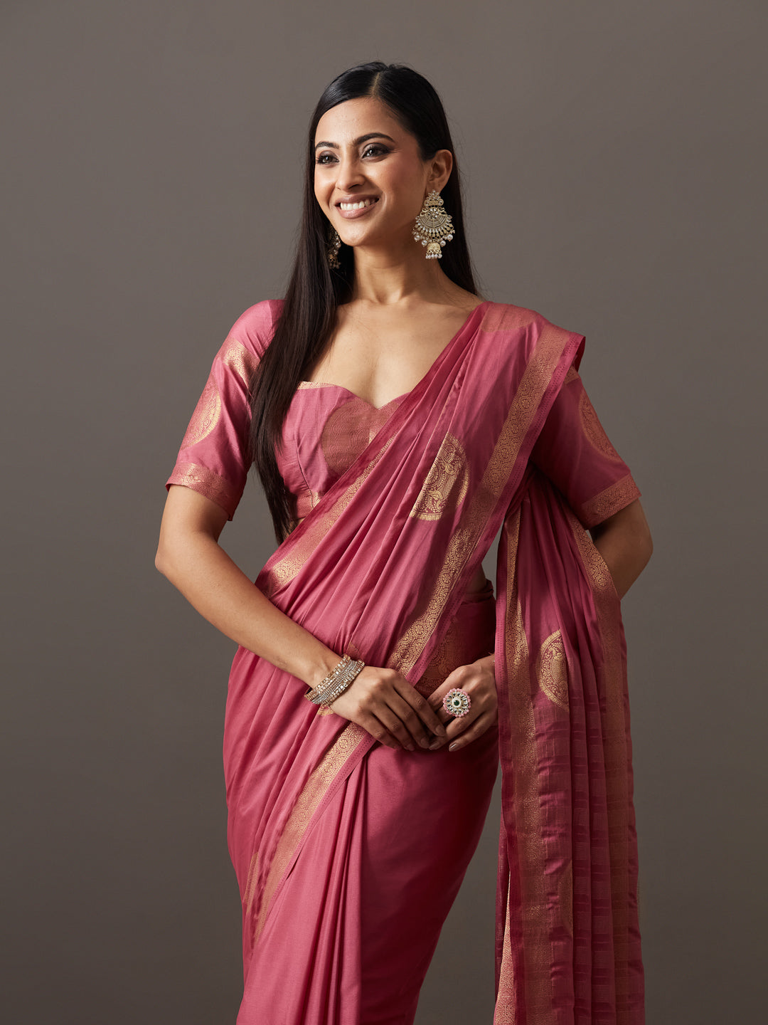 KASEE Women's Elegant Pink Tone Traditional Border Festive Saree