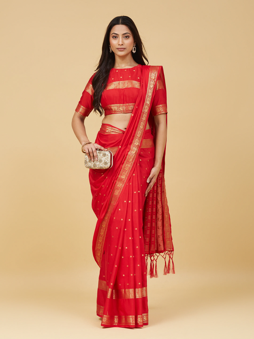 KASEE Women's Bright Red Zari Buti & Woven Border Traditional Saree