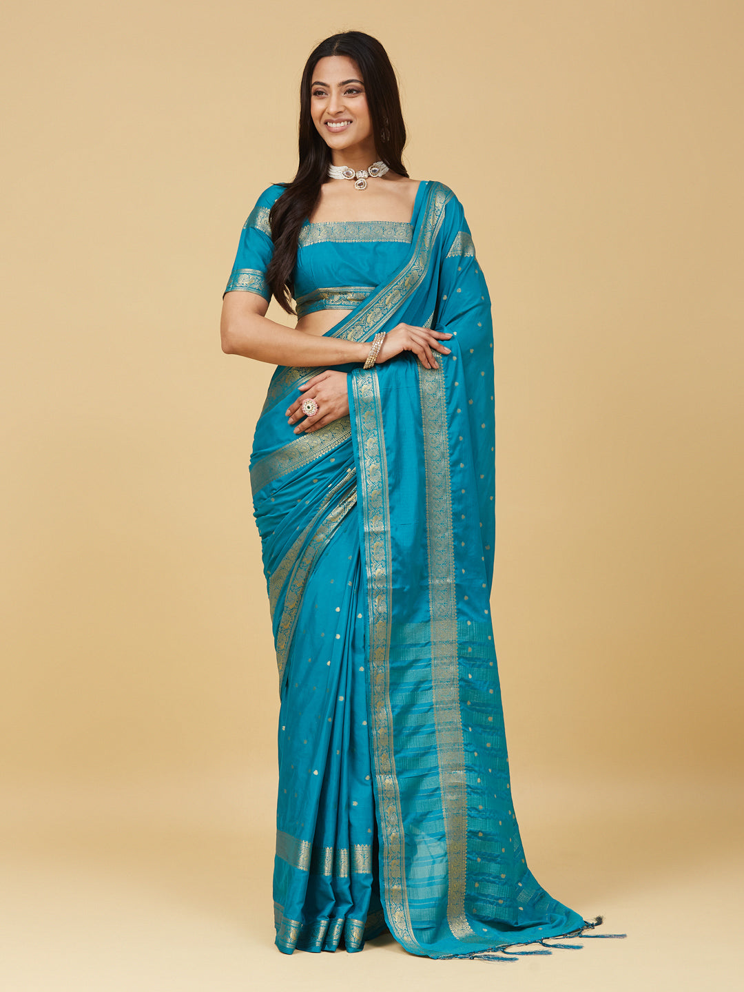 KASEE Women's Turquoise Blue Zari Buti & Woven Border Traditional Saree