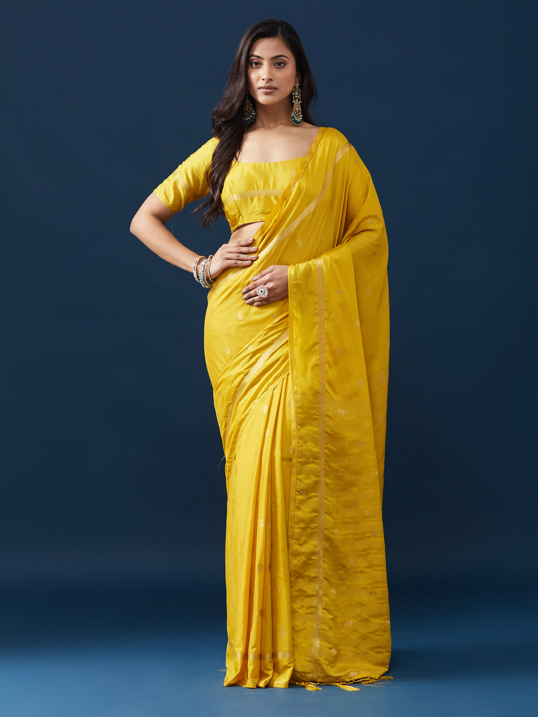KASEE Women's Mustard Yellow Zari Buti Traditional Festive Saree