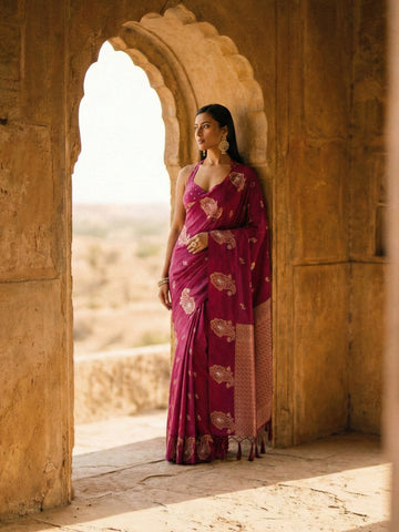 KASEE Women's Magenta Zari Paisley Woven Traditional Saree