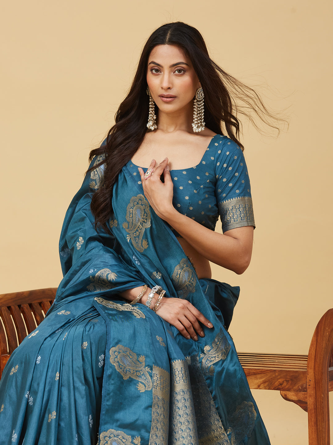 KASEE Women's Teal Blue Zari Paisley Woven Traditional Saree