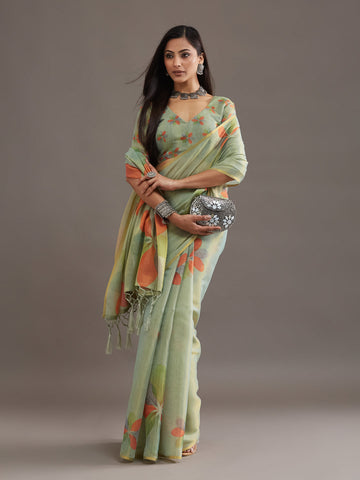 KASEE Women's Green Silk Saree with Traditional Geometric Woven Border