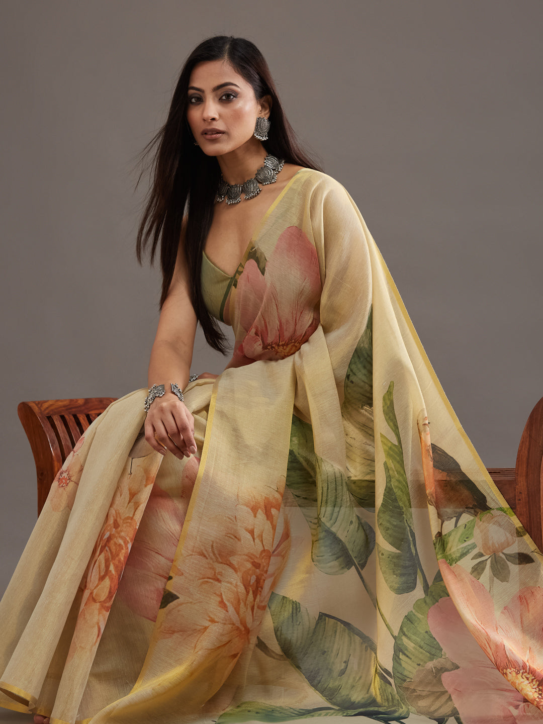 KASEE Women's Cream Cotton Silk Saree with Classic Zari Border