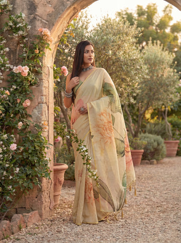 KASEE Women's Cream Cotton Silk Saree with Classic Zari Border