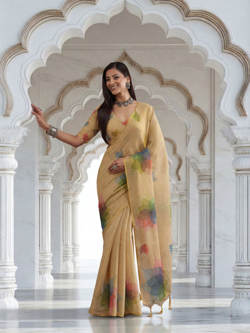 KASEE Women's Ivory Cotton Silk Saree with Multicolor Woven Motifs and Border Stripes